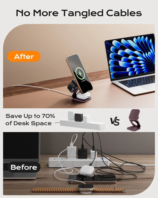 Alt view image 5 of 7 - KU XIU Qi2.2 25W Magnetic Wireless Charger for iPhone 18 Pro Max, Foldable 3 in 1 Travel Charging Station for iPhone 18-12, 5W for Apple Watch & AirPods, Aluminum Alloy Design, 45W Adapter, Burgundy