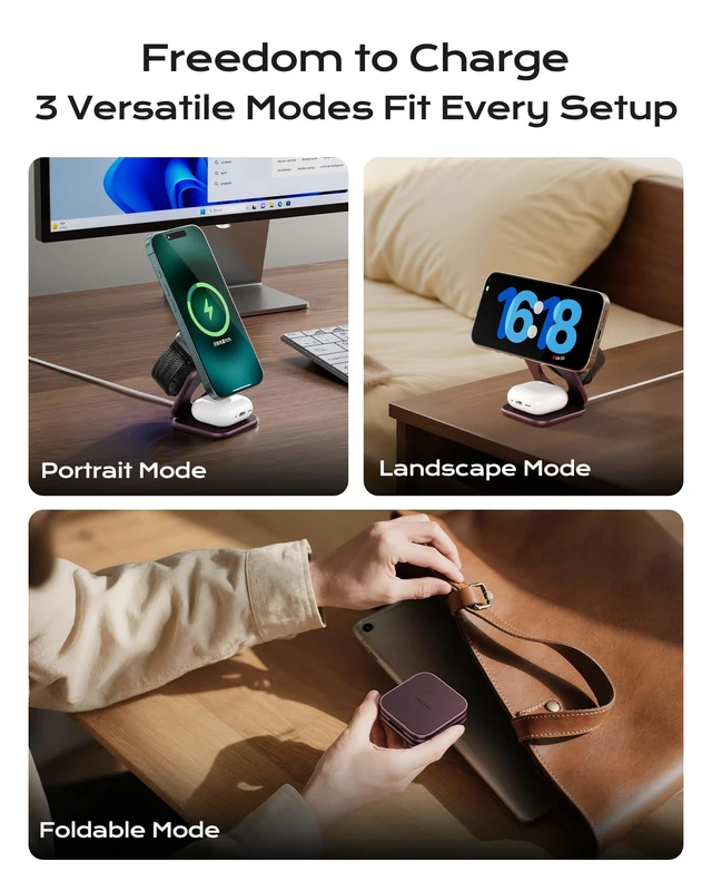 Alt view image 3 of 7 - KU XIU Qi2.2 25W Magnetic Wireless Charger for iPhone 18 Pro Max, Foldable 3 in 1 Travel Charging Station for iPhone 18-12, 5W for Apple Watch & AirPods, Aluminum Alloy Design, 45W Adapter, Burgundy