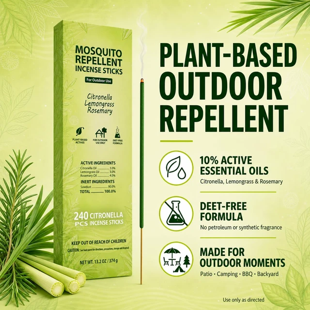 Alt view image 2 of 4 - Outdoor Mosquito Repellent Incense Sticks, 240 Count | 10% blend of citronella, lemongrass and rosemary oils; DEET-free, 40-50-minute burn time for patios, camping and BBQs