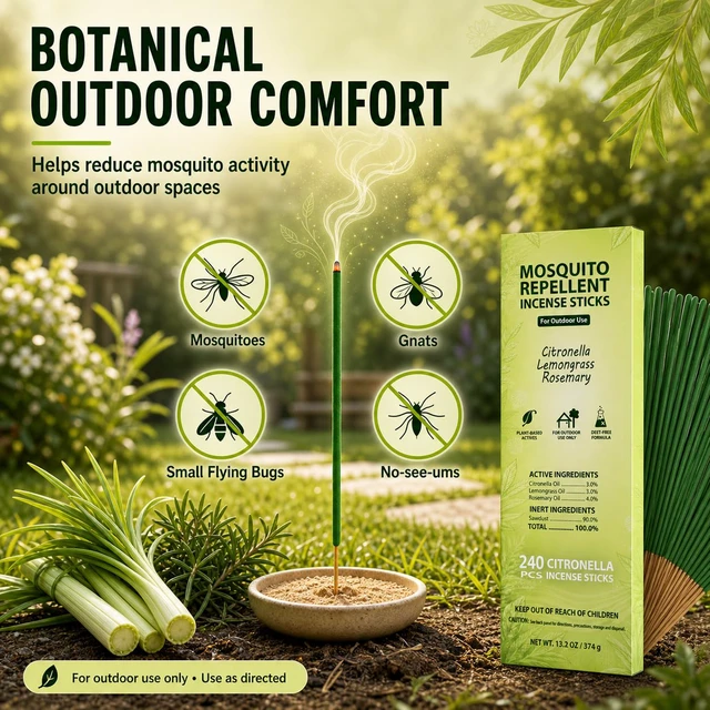 Alt view image 3 of 4 - Outdoor Mosquito Repellent Incense Sticks, 240 Count | 10% blend of citronella, lemongrass and rosemary oils; DEET-free, 40-50-minute burn time for patios, camping and BBQs