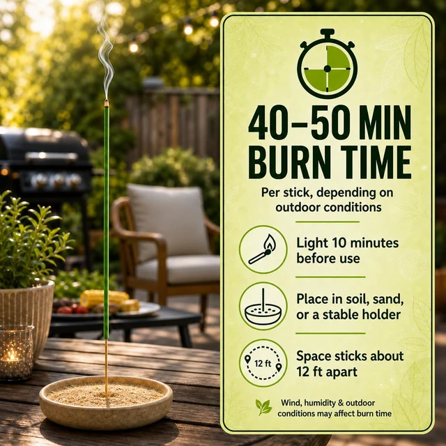 Alt view image 4 of 4 - Outdoor Mosquito Repellent Incense Sticks, 240 Count | 10% blend of citronella, lemongrass and rosemary oils; DEET-free, 40-50-minute burn time for patios, camping and BBQs