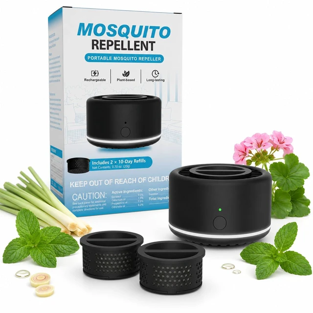 Main image of Rechargeable Mosquito Repeller, 2 x 10-Day Refills Included | Plant-based, DEET-free refills with no spray, smoke or open flame; built-in night light for patios and camping