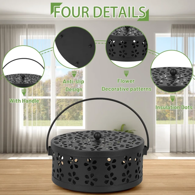 Alt view image 5 of 7 - 2 Pack Portable Iron Mosquito Coil Holder with Handle, Black | Round Heat-Resistant Incense Holder, Practical for Home, Offic and Outdoor Use