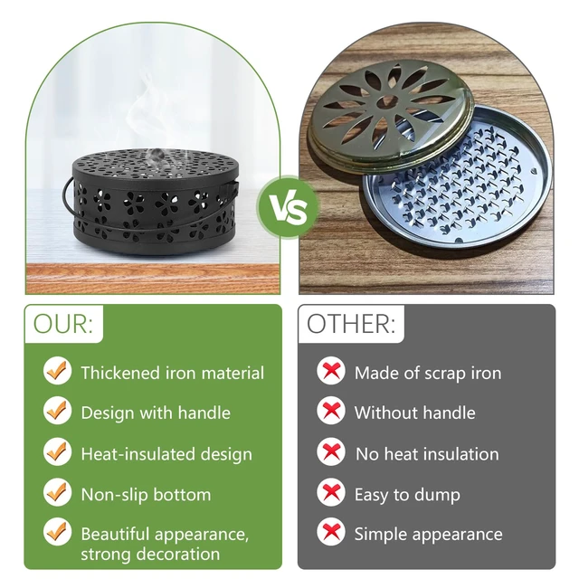 Alt view image 7 of 7 - 2 Pack Portable Iron Mosquito Coil Holder with Handle, Black | Round Heat-Resistant Incense Holder, Practical for Home, Offic and Outdoor Use