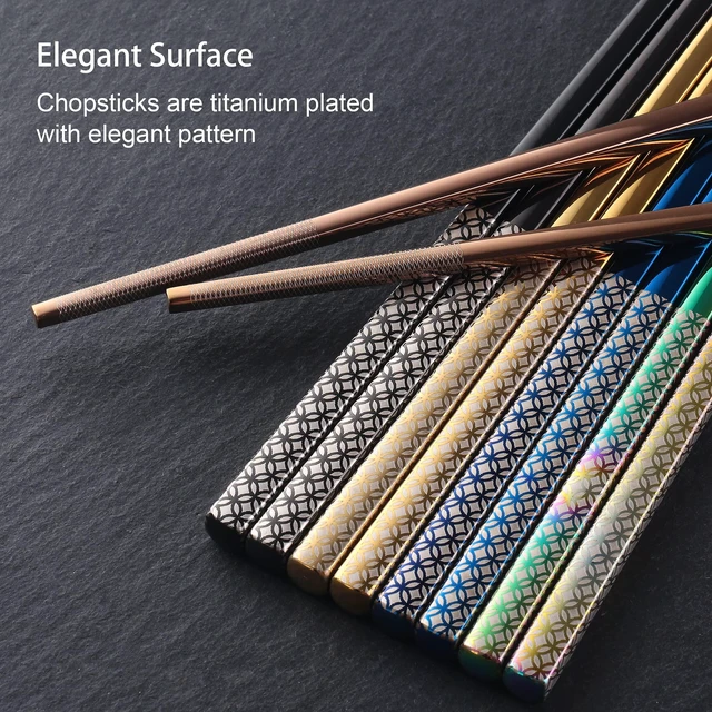 Alt view image 3 of 7 - Metal Chopsticks Reusable Multicolor Stainless Steel Chopsticks Dishwasher Safe Chop Sticks Laser Engraved Copper Coin Pattern Square Non-slip, 9 1/4 Inches 5 Pairs Gift Set