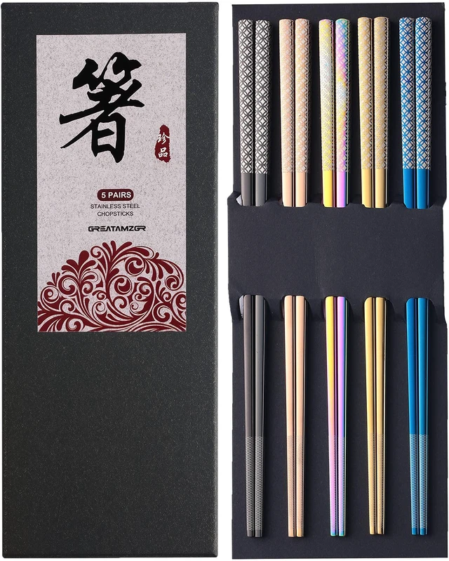 Main image of Metal Chopsticks Reusable Multicolor Stainless Steel Chopsticks Dishwasher Safe Chop Sticks Laser Engraved Copper Coin Pattern Square Non-slip, 9 1/4 Inches 5 Pairs Gift Set