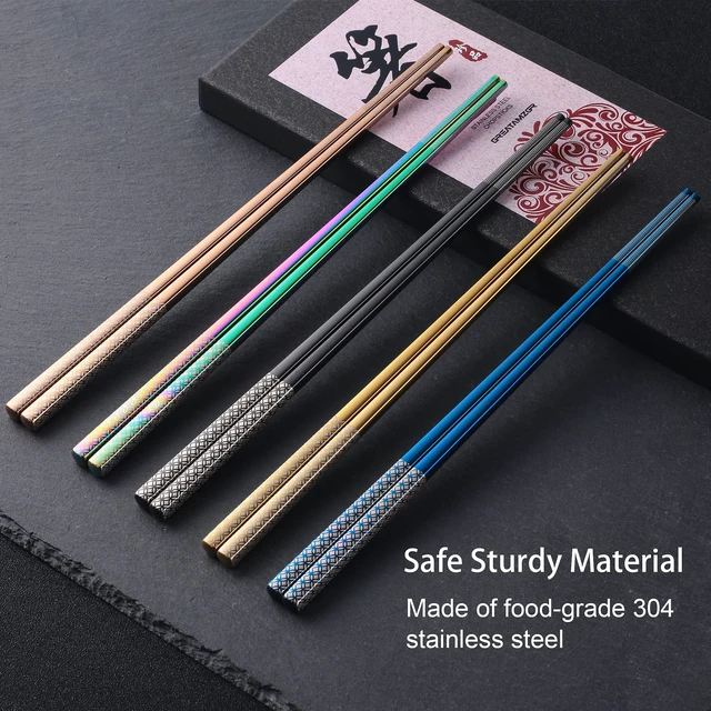Alt view image 6 of 7 - Metal Chopsticks Reusable Multicolor Stainless Steel Chopsticks Dishwasher Safe Chop Sticks Laser Engraved Copper Coin Pattern Square Non-slip, 9 1/4 Inches 5 Pairs Gift Set