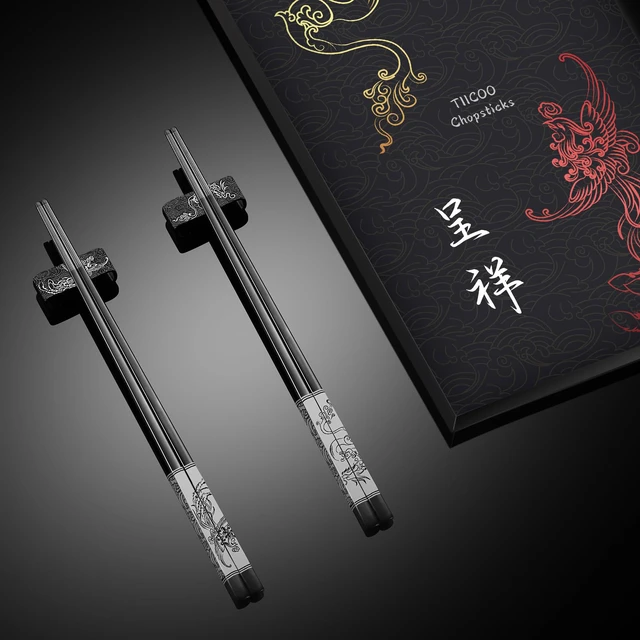 Alt view image 2 of 7 - Dragon & Phoenix Stainless Steel Chopsticks Set - 4 Pairs 18/8 (304) Metal Chopsticks with Holder - Chinese Traditional Gift Set, Non-Slip, Dishwasher Safe, Elegant Black Gift Box