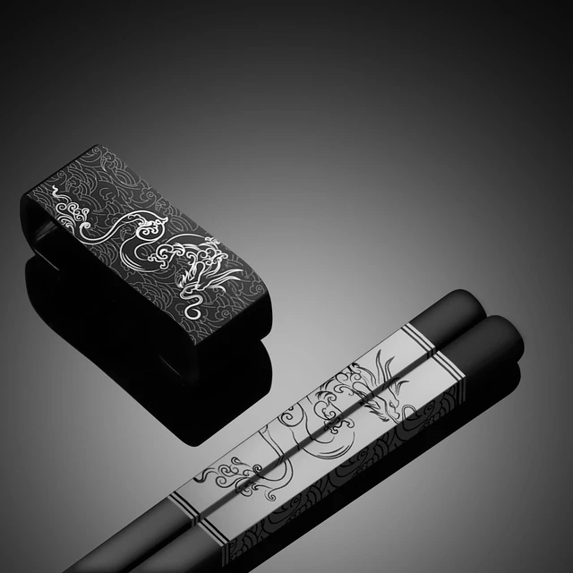 Alt view image 3 of 7 - Dragon & Phoenix Stainless Steel Chopsticks Set - 4 Pairs 18/8 (304) Metal Chopsticks with Holder - Chinese Traditional Gift Set, Non-Slip, Dishwasher Safe, Elegant Black Gift Box