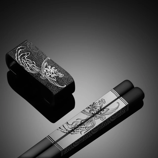 Alt view image 4 of 7 - Dragon & Phoenix Stainless Steel Chopsticks Set - 4 Pairs 18/8 (304) Metal Chopsticks with Holder - Chinese Traditional Gift Set, Non-Slip, Dishwasher Safe, Elegant Black Gift Box