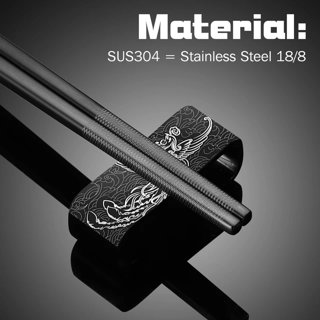 Alt view image 7 of 7 - Dragon & Phoenix Stainless Steel Chopsticks Set - 4 Pairs 18/8 (304) Metal Chopsticks with Holder - Chinese Traditional Gift Set, Non-Slip, Dishwasher Safe, Elegant Black Gift Box