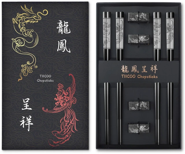 Main image of Dragon & Phoenix Stainless Steel Chopsticks Set - 4 Pairs 18/8 (304) Metal Chopsticks with Holder - Chinese Traditional Gift Set, Non-Slip, Dishwasher Safe, Elegant Black Gift Box
