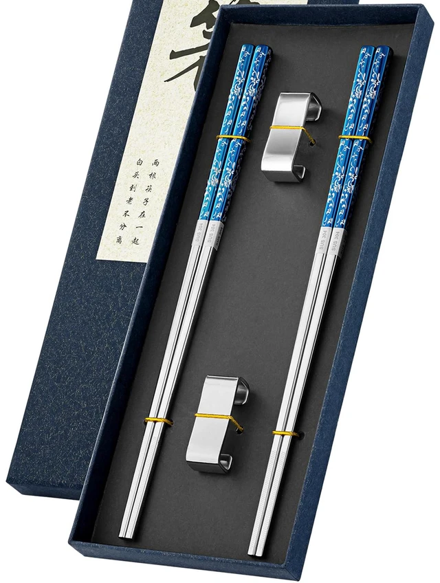 Main image of Metal Chopsticks Reusable 2 Pairs Titanium Plated Stainless Steel Chopsticks with Holder, Dishwasher Safe Non-Slip Japanese Style Chop Sticks Present Set (Blue Silver)