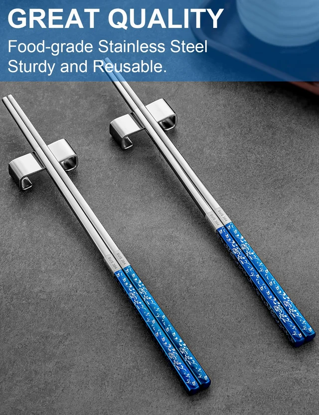 Alt view image 3 of 6 - Metal Chopsticks Reusable 2 Pairs Titanium Plated Stainless Steel Chopsticks with Holder, Dishwasher Safe Non-Slip Japanese Style Chop Sticks Present Set (Blue Silver)