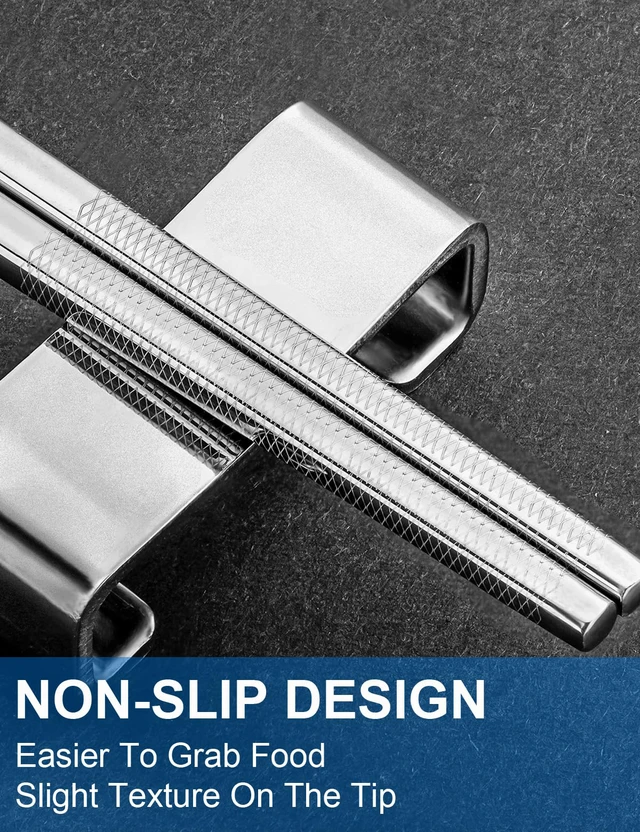Alt view image 4 of 6 - Metal Chopsticks Reusable 2 Pairs Titanium Plated Stainless Steel Chopsticks with Holder, Dishwasher Safe Non-Slip Japanese Style Chop Sticks Present Set (Blue Silver)
