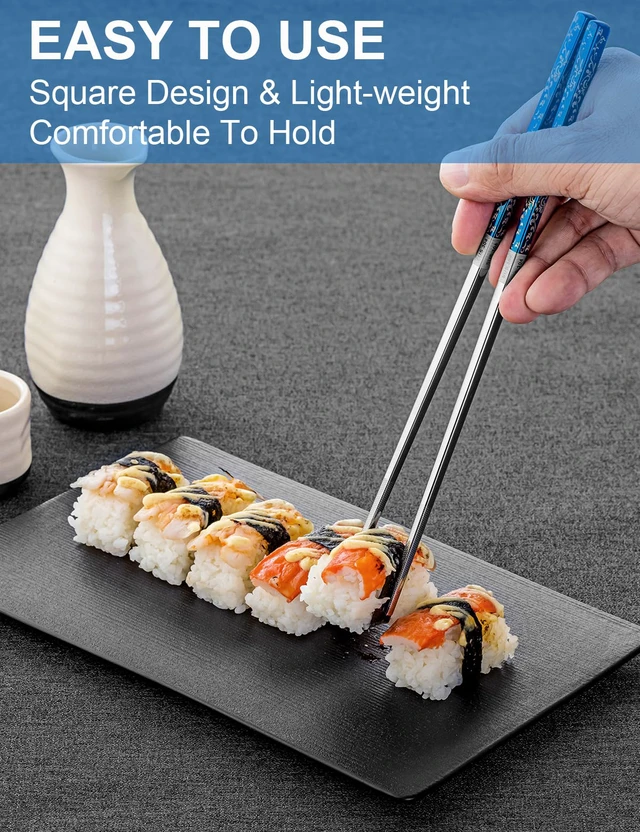 Alt view image 5 of 6 - Metal Chopsticks Reusable 2 Pairs Titanium Plated Stainless Steel Chopsticks with Holder, Dishwasher Safe Non-Slip Japanese Style Chop Sticks Present Set (Blue Silver)