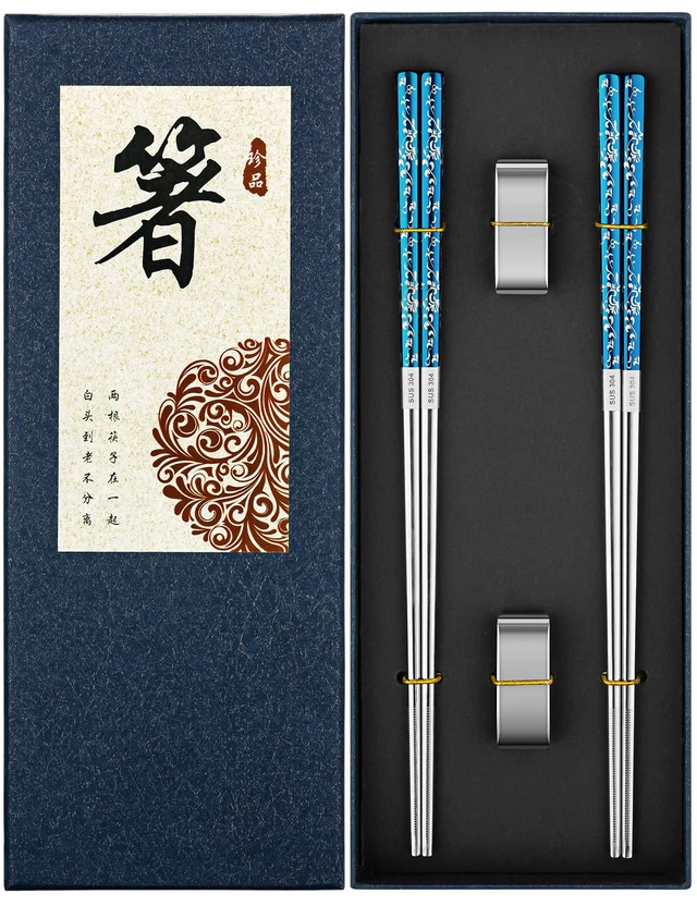 Alt view image 6 of 6 - Metal Chopsticks Reusable 2 Pairs Titanium Plated Stainless Steel Chopsticks with Holder, Dishwasher Safe Non-Slip Japanese Style Chop Sticks Present Set (Blue Silver)