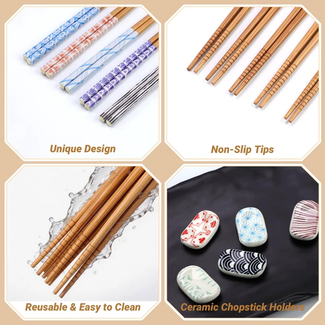 Alt view image 3 of 7 - 5 Pairs Reusable Bamboo Chopsticks and 5PCS Ceramic Rests Set, 8.8 Inch Classic Japanese Style Chopsticks with Holders for Sushi Ramen Asian Cuisine, Non-Slip, Black Elegant Gift Box