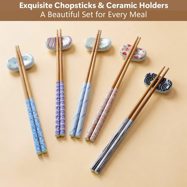 Alt view image 4 of 7 - 5 Pairs Reusable Bamboo Chopsticks and 5PCS Ceramic Rests Set, 8.8 Inch Classic Japanese Style Chopsticks with Holders for Sushi Ramen Asian Cuisine, Non-Slip, Black Elegant Gift Box