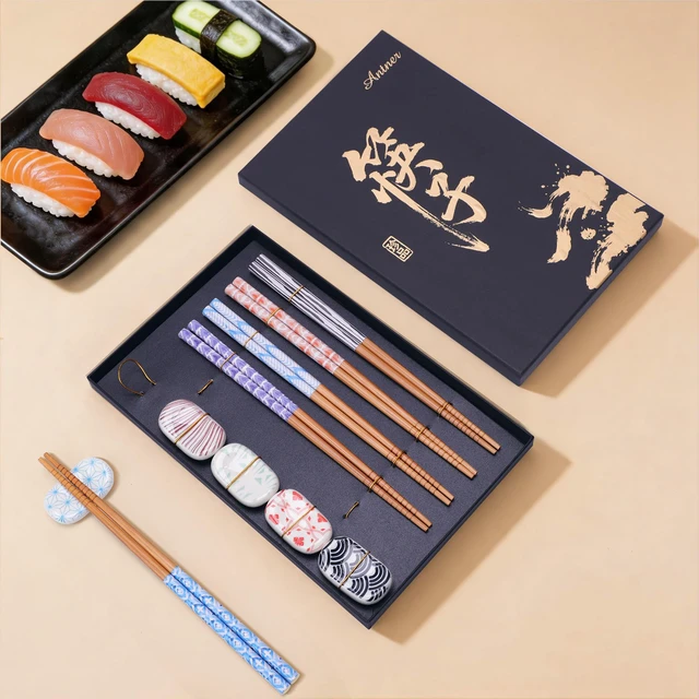 Alt view image 5 of 7 - 5 Pairs Reusable Bamboo Chopsticks and 5PCS Ceramic Rests Set, 8.8 Inch Classic Japanese Style Chopsticks with Holders for Sushi Ramen Asian Cuisine, Non-Slip, Black Elegant Gift Box