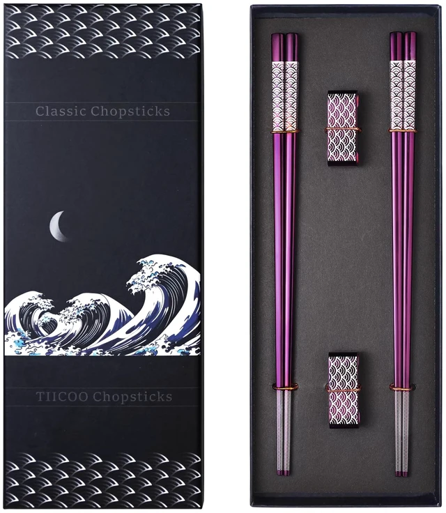 Main image of Metal Chopsticks Reusable 2 Pairs Titanium Stainless Steel 18/8 Chopsticks with Holder, Dishwasher Safe Lightweight Japanese Style Chopsticks Gift Set (Purple)