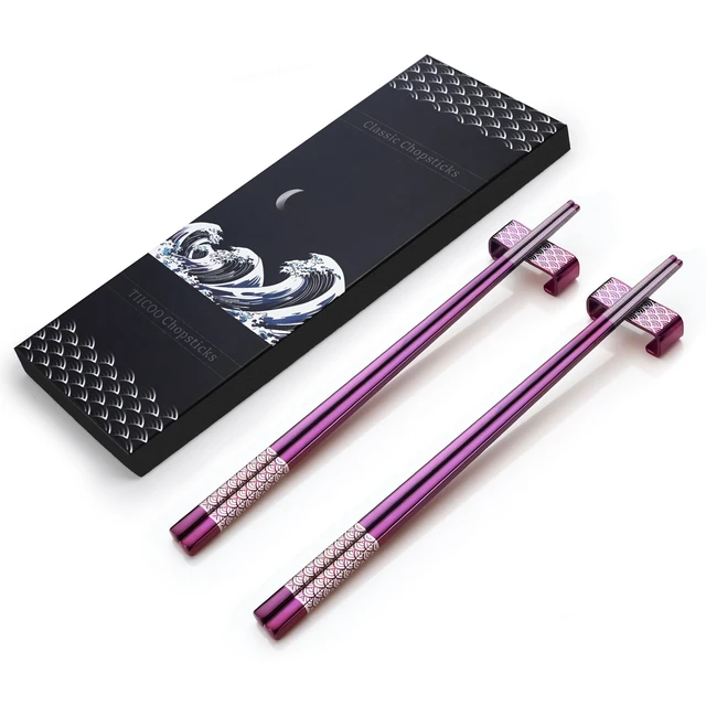 Alt view image 4 of 7 - Metal Chopsticks Reusable 2 Pairs Titanium Stainless Steel 18/8 Chopsticks with Holder, Dishwasher Safe Lightweight Japanese Style Chopsticks Gift Set (Purple)