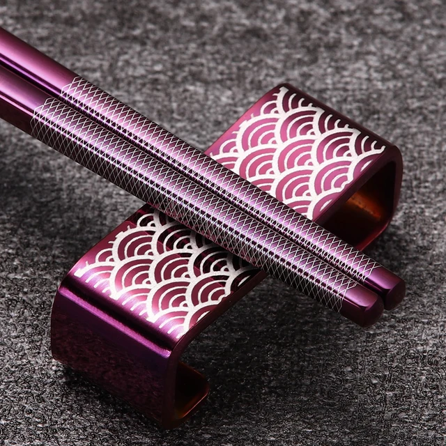 Alt view image 3 of 7 - Metal Chopsticks Reusable 2 Pairs Titanium Stainless Steel 18/8 Chopsticks with Holder, Dishwasher Safe Lightweight Japanese Style Chopsticks Gift Set (Purple)