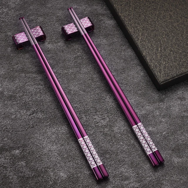 Alt view image 5 of 7 - Metal Chopsticks Reusable 2 Pairs Titanium Stainless Steel 18/8 Chopsticks with Holder, Dishwasher Safe Lightweight Japanese Style Chopsticks Gift Set (Purple)