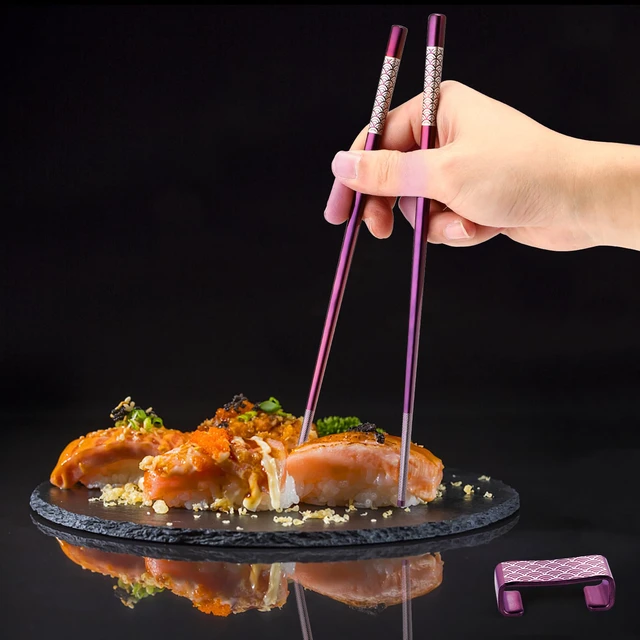 Alt view image 6 of 7 - Metal Chopsticks Reusable 2 Pairs Titanium Stainless Steel 18/8 Chopsticks with Holder, Dishwasher Safe Lightweight Japanese Style Chopsticks Gift Set (Purple)