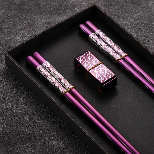 Alt view image 7 of 7 - Metal Chopsticks Reusable 2 Pairs Titanium Stainless Steel 18/8 Chopsticks with Holder, Dishwasher Safe Lightweight Japanese Style Chopsticks Gift Set (Purple)