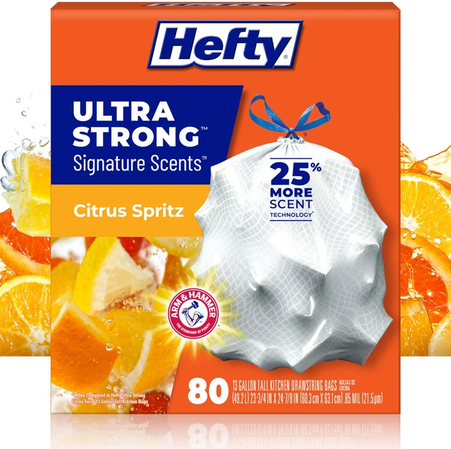 Main image of Ultra Strong Signature Scents 13G Trash Bags, Citrus Spritz, 80ct | 13 Gallon White Kitchen Trash Bags with 25% More Scent Technology, Resists Leaks, Punctures, Tears, Odor Control