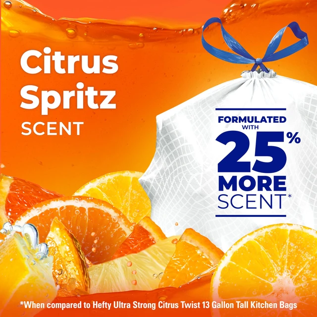 Alt view image 4 of 7 - Ultra Strong Signature Scents 13G Trash Bags, Citrus Spritz, 80ct | 13 Gallon White Kitchen Trash Bags with 25% More Scent Technology, Resists Leaks, Punctures, Tears, Odor Control