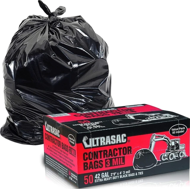 Main image of Heavy Duty Contractor Bags (VALUE 50 PACK/w TIES), 42 Gallon, 32.75" X 47" - 3 MIL Thick Large Black Industrial Garbage Trashbags for Construction and Commercial use