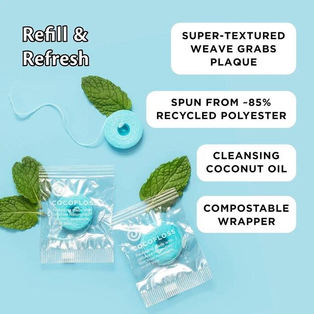 Alt view image 2 of 7 - Cocofloss Woven Dental Floss Refill by COCOLAB, Mint Scent, 3-Pack | Dentist-designed, 500+ interwoven fibers, coconut oil infused, cruelty-free & vegan, adults & kids daily oral care