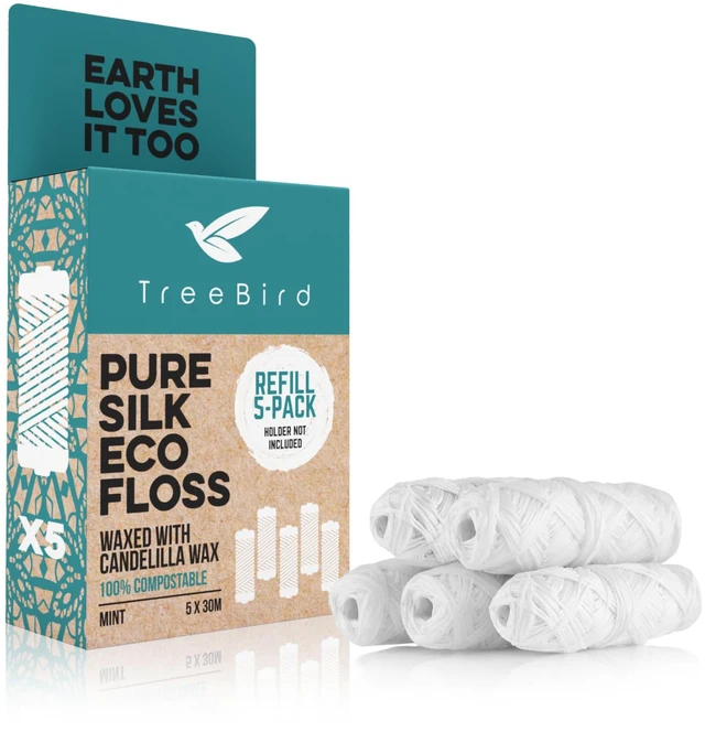 Main image of Pure Silk Eco Floss Refills | Pack of 5 x 33yd Silk Dental Floss Spools | Waxed with Candelilla Wax | Mint