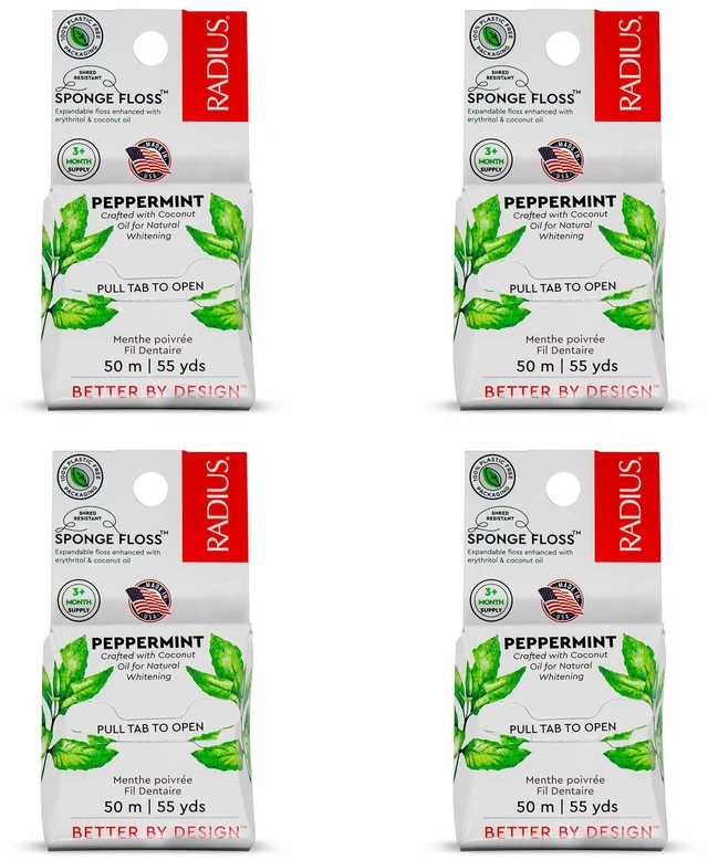 Main image of Vegan Sponge Floss, Soft Expanding Dental Floss for Sensitive Gums and Tight Teeth, PFAS Free, Vegan, Plastic Free Packaging, 50m / 55 yd, Peppermint, Pack of 4