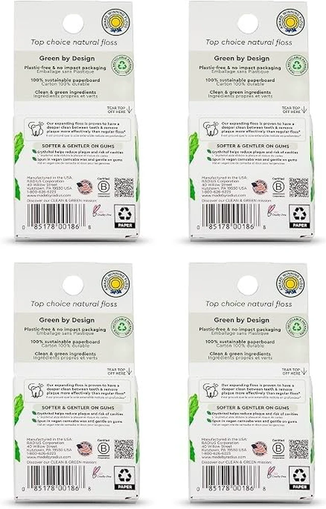 Alt view image 2 of 7 - Vegan Sponge Floss, Soft Expanding Dental Floss for Sensitive Gums and Tight Teeth, PFAS Free, Vegan, Plastic Free Packaging, 50m / 55 yd, Peppermint, Pack of 4