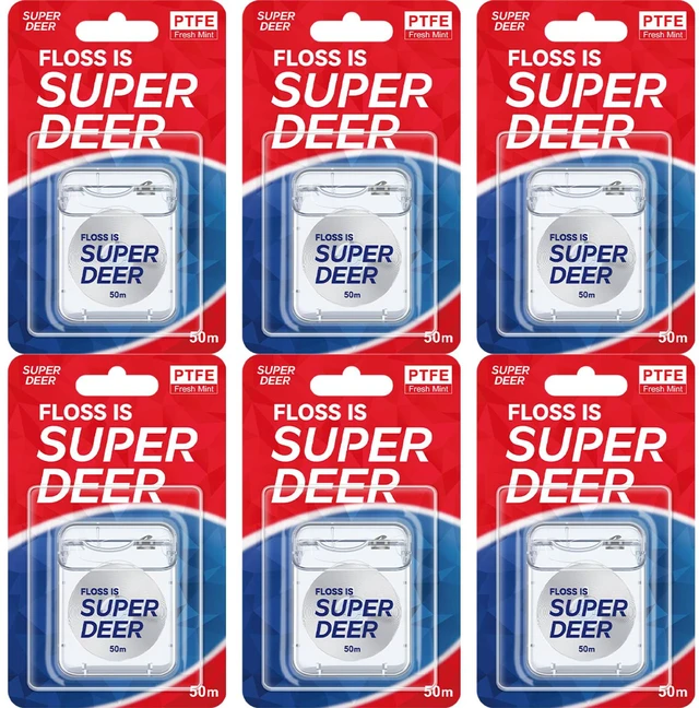 Main image of Super Deer Flat Dental Floss, Mint Flavored PTFE Tape - Shred Resistant, Expands & Stretches for Deep Clean, Gentle on Gums, Plaque Remover, Slides Smoothly, 55 yd (6)