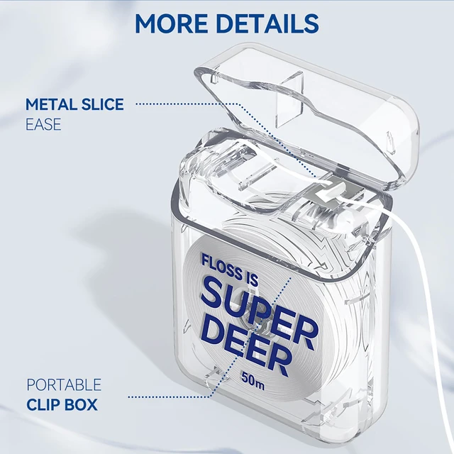 Alt view image 2 of 6 - Super Deer Flat Dental Floss, Mint Flavored PTFE Tape - Shred Resistant, Expands & Stretches for Deep Clean, Gentle on Gums, Plaque Remover, Slides Smoothly, 55 yd (6)