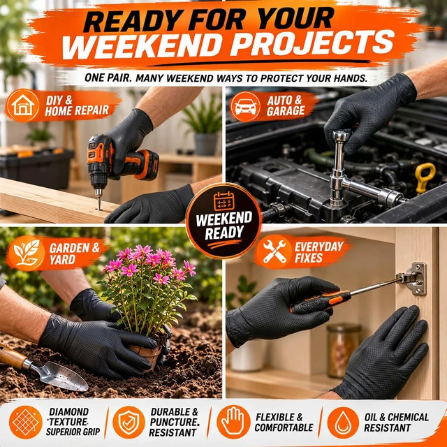 Alt view image 6 of 7 - 10 Mil Heavy Duty Diamond Texture Nitrile Gloves, X-Large, 100 Ct | Heavy Duty Protection, Chemical Resistant, Industrial Work, Automotive Repair, Mechanics, Rubber Gloves Alternative