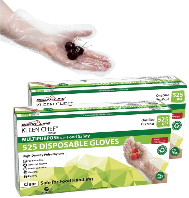 Main image of Disposable Food Handling Long Cuff Poly Gloves | One Size Fits Most, 525 per Box (2 Boxes)
