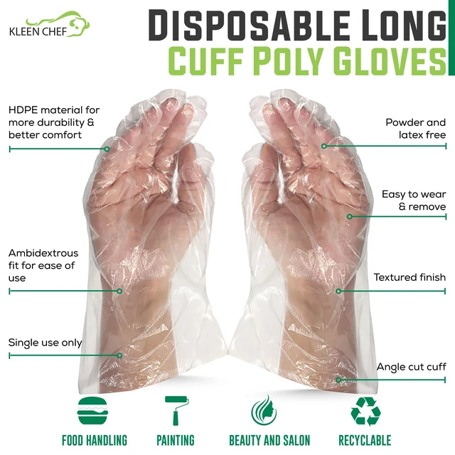 Alt view image 2 of 7 - Disposable Food Handling Long Cuff Poly Gloves | One Size Fits Most, 525 per Box (2 Boxes)