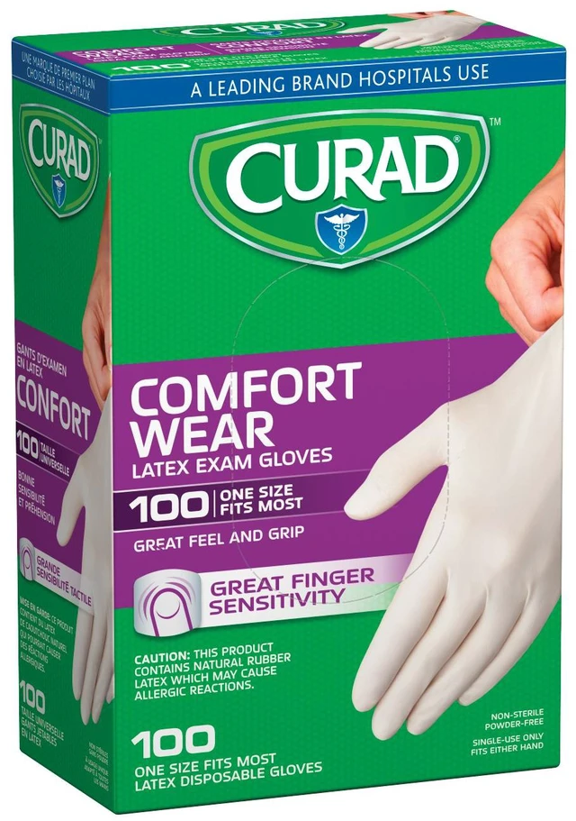 Main image of Comfort Wear Latex Exam Gloves, Powder-Free, One Size Fits Most, 100 count