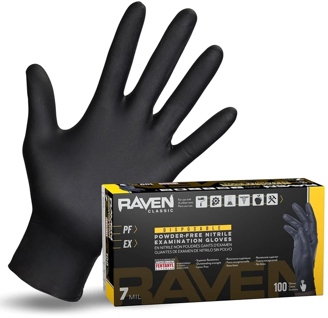 Main image of Raven Powder Free Nitrile Disposable Gloves 7 Mil - XL Latex Free, Chemical + Puncture Resistant, Textured Grip, Single Use for Automotive, Industrial, Janitorial, MRO, Food Service 66519