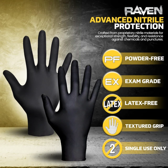 Alt view image 2 of 6 - Raven Powder Free Nitrile Disposable Gloves 7 Mil - XL Latex Free, Chemical + Puncture Resistant, Textured Grip, Single Use for Automotive, Industrial, Janitorial, MRO, Food Service 66519