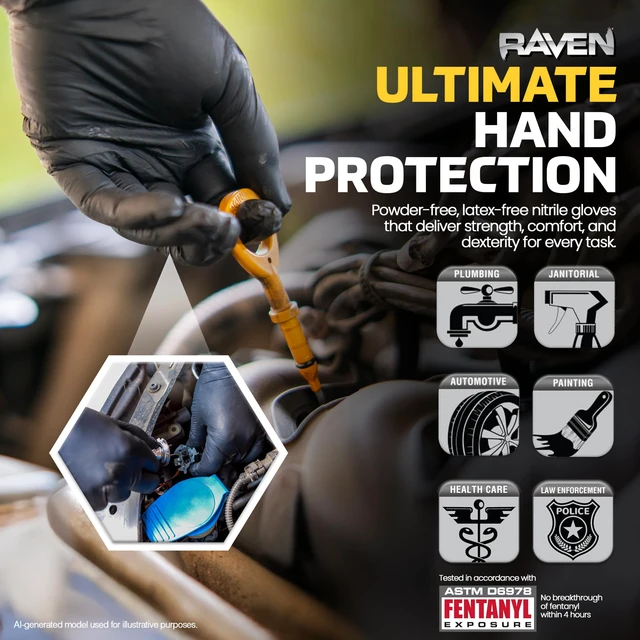 Alt view image 3 of 6 - Raven Powder Free Nitrile Disposable Gloves 7 Mil - XL Latex Free, Chemical + Puncture Resistant, Textured Grip, Single Use for Automotive, Industrial, Janitorial, MRO, Food Service 66519