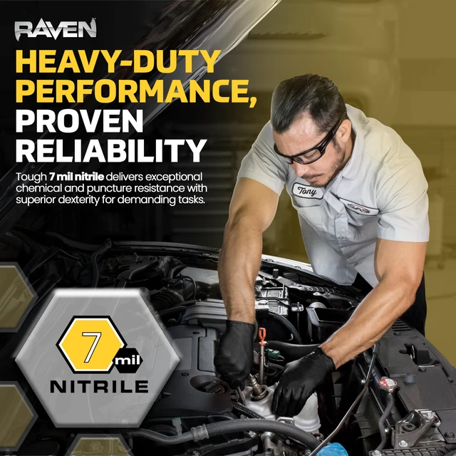 Alt view image 5 of 6 - Raven Powder Free Nitrile Disposable Gloves 7 Mil - XL Latex Free, Chemical + Puncture Resistant, Textured Grip, Single Use for Automotive, Industrial, Janitorial, MRO, Food Service 66519