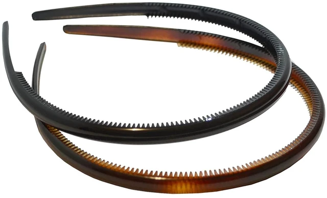Main image of French Thin Tortoise Shell Brown and Black Hair Headbands | Cellulose Acetate, Headbands with Inner Teeth Nibs Set of 2