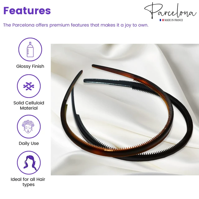 Alt view image 2 of 7 - French Thin Tortoise Shell Brown and Black Hair Headbands | Cellulose Acetate, Headbands with Inner Teeth Nibs Set of 2