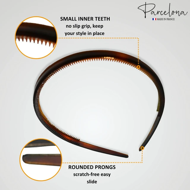 Alt view image 3 of 7 - French Thin Tortoise Shell Brown and Black Hair Headbands | Cellulose Acetate, Headbands with Inner Teeth Nibs Set of 2